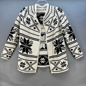 Love, Hannah Sweater Women's S Beige Black Cardigan Fir-Isle Merino Wool Cozy